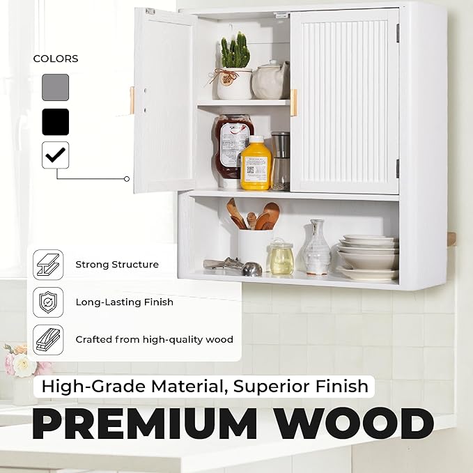 Pre-Assembled Wall Mounted Medicine Cabinet – 2-Door Bathroom Storage Cabinet with Fixed Shelf, Space-Saving Over-The-Toilet Organizer for Small Bathrooms, Living Room, Kitchen or Laundry (White)