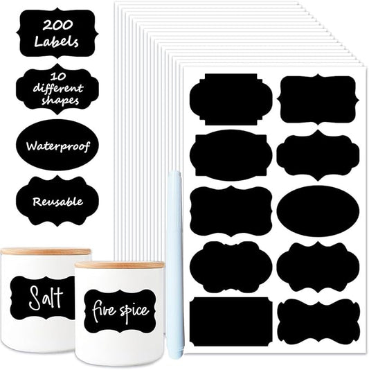 200PCS Chalkboard Labels, Waterproof Reusable Labels with 1 Erasable Pen, Removable Blackboard Label Stickers for Food Containers, Storage Bins, Jars, Kitchen Spice Label (Black)