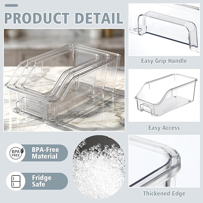 LemonRoad 6 Packs Clear Freezer Organizers and Storage Bins with Handle, Stackable Open Front Pantry Organizer Bins for Bathroom, Kitchen, Refrigerator, Pantry, Cabinet, Closet