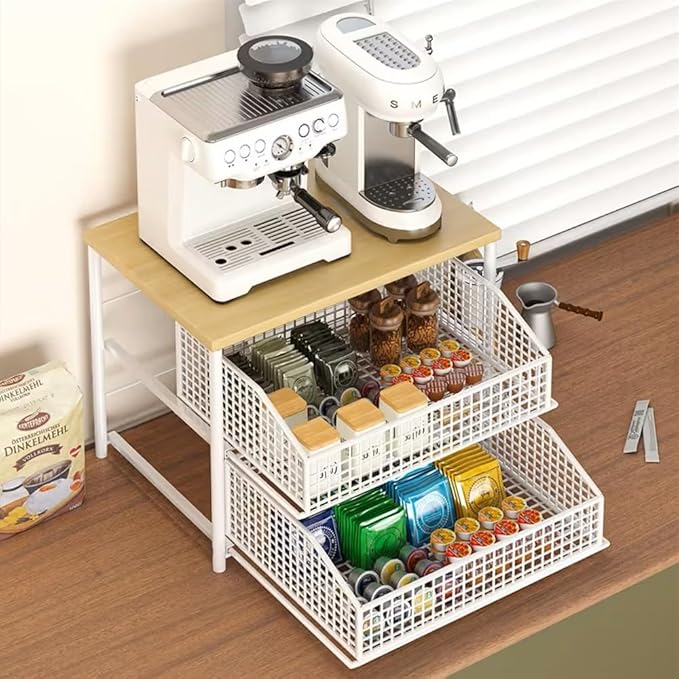 Kitchen Countertop Organizer with Drawer & Wire Basket, 3-Layer Fruit Storage Basket Snack Rack Hardwood, Desktop Pull-Out Metal Organizers for Coffee Maker Microwave Toaster & Spices (3-Layer Black)