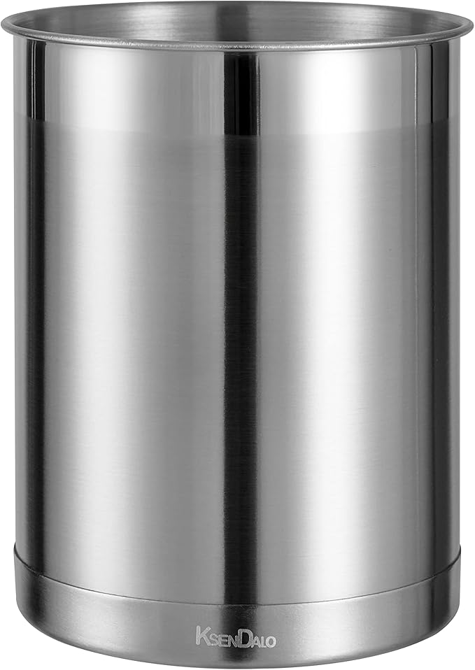 KSENDALO Stainless Steel Utensil Holder for Counter, Brushed Silver Metal Utensil Crock Canister for Cooking Utensils on Countertop, with Heavy Base, Dishwasher Safe, Silver