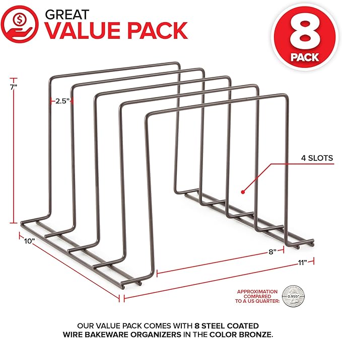 Stock Your Home Kitchen Cabinet Organizer, Bronze (8 Pack) Steel Baking Sheet Holder with 4 Slots for Cabinet, Bakeware Organizer, Divider for Cutting Boards, Pot Lids, Pan Lids, Cookie Sheets