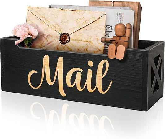 Mail Organizer Mail Holder Countertop, Rustic Wooden Mail Basket Mail Tray Letter Holder Box for Desk Home Office Wall Mount