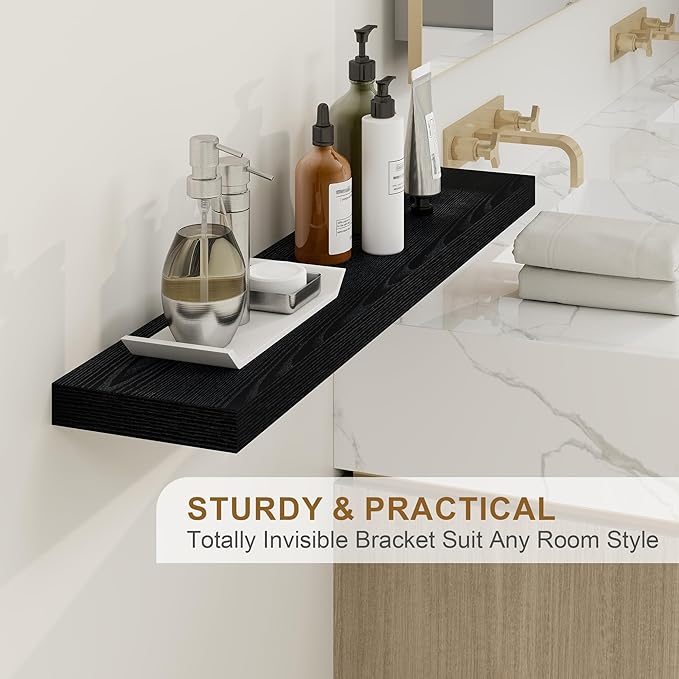 Fun Memories Floating Shelves for Wall, 48Inch Long Floating Shelves Set of 1, Hanging Shelf with Invisible Brackets, Wood Shelves for Living Room, Bedroom, Kitchen, Black