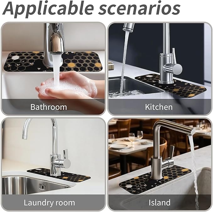 Kitchen Sink Splash Guard，Hive and Bee Faucet Mat Sink Gadgets-Super Absorbent Fast Drying Mat Drip Catcher for Kitchen, Bathroom,Sink Mat, Dish Drying Mat, Bathroom(15" X 5.5" )