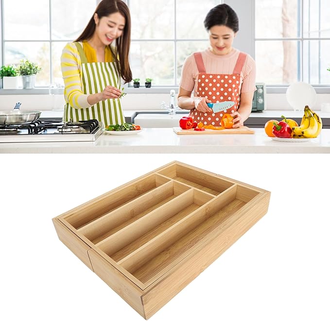 Kitchen Silverware Organizer Expandable for Cutlery and Utensils, Adjustable Wood Utensil Storage Cutlery Tray for Drawers, Kitchen Drawer Organizer Utensil Holder Makeup Organizer with(7 Slots A)