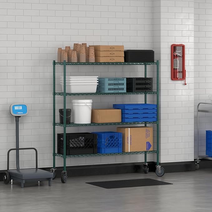 Commercial NSF Listed Green Epoxy Mobile Wire Shelving Kit 14" x 54" x 60", with 4 Shelves Perfect for Warehouse, Walk-in Refrigerator, Freezer, Grocery Store, Restaurant, Dishroom