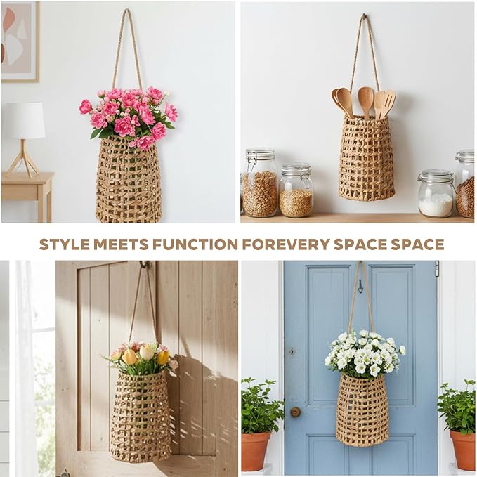 Woven Wall Hanging Basket, Boho Front Door Pocket Basket Open Weave Water Hyacinth Wall Farmhouse Decor Storage Organizer for Home Garden Pantry Kitchen