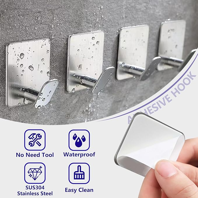 GARGIER Adhesive Shower Hooks Heavy Duty Metal, Brushed Nickel Towel Hooks Stick On Wall Hanger for Hanging Coat, Hat, Robe Hook for Bathroom Kitchen Decorations, 304 Stainless Steel (4 Packs)