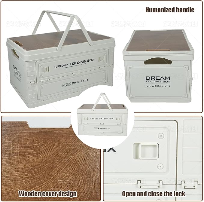 Collapsible Storage Bins with Wooden Lids, Foldable Stackable Storage Boxes with Handles, Cutting Board Top Organizer for Kitchen, Pantry, Camping, Picnic & Outdoor Use