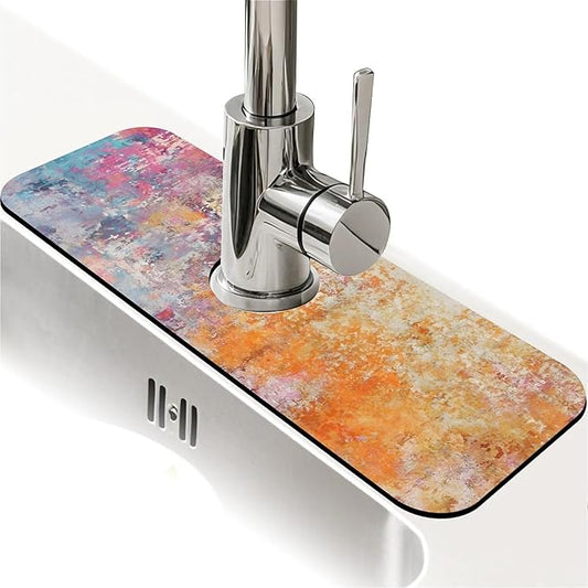 Kitchen Sink Splash Guard，Orange and pink graffiti Faucet Mat Sink Gadgets-Super Absorbent Fast Drying Mat Drip Catcher for Kitchen, Bathroom,Sink Mat, Dish Drying Mat, Bathroom(15" X 5.5" )