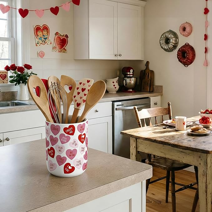 Valentine's Day Ceramic Utensil Holder 6.3 Inch Love Words Home Kitchen Utensil Crock for Anniversary Countertop Storage Organizer Container Dining Table Decor Wedding Gift(Love Words)