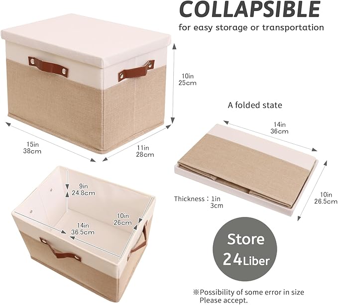 HOdo Home Fabric Storage Bin with Lid and 2 Bold Handles, Collapsible Large Canvas Storage Baskets for Organizing Shelf Nursery Home Closet (White&Yellow, 15L×11W×10H - 3Pack)