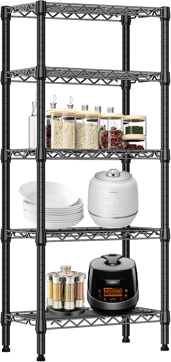 Heavy Duty Stainless Steel Kitchen Storage Rack, Adjustable Shelf Organizer with Non-Slip Mats, Black, for Cabinets, Countertops, Pantries (5-Tier Rack)