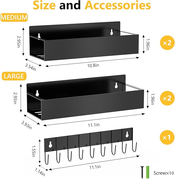 SMRCAD Magnetic Spice Rack for Refrigerator Seasoning Organizer for Spice Fridge Shelf storage Magnetic Shelf with Hook for Oven (4pack1hook-Black)
