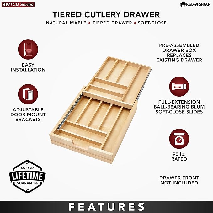 Rev-A-Shelf Two-Tier Kitchen Utensil Drawer Organizer & Pullout Cutlery Tray, Soft-Close Slides, 18" Cabinet Opening, Wood, 4WTCD-21HSC-1