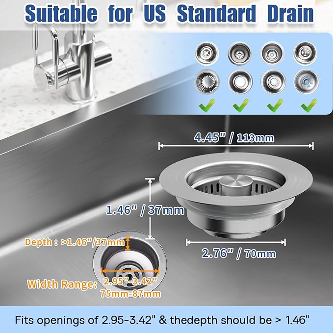 Upgraded 3in1 Kitchen Sink Drainage Filter,Stainless Steel Pop Up Sink Stopper, with Anti-Clogging Basket，Anti-Clogging Sink Drain Strainer for US Standard Kitchen Drain