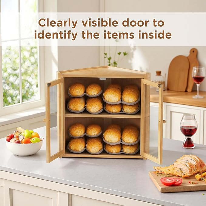BAMBANG Corner Bread Box for Kitchen Countertop, Double Layer Bamboo Bread Storage Container with 2 Doors, Farmhouse Large Bread Bin Counter Top, Wooden Breadbox Holder for Homemade Bread, Natural