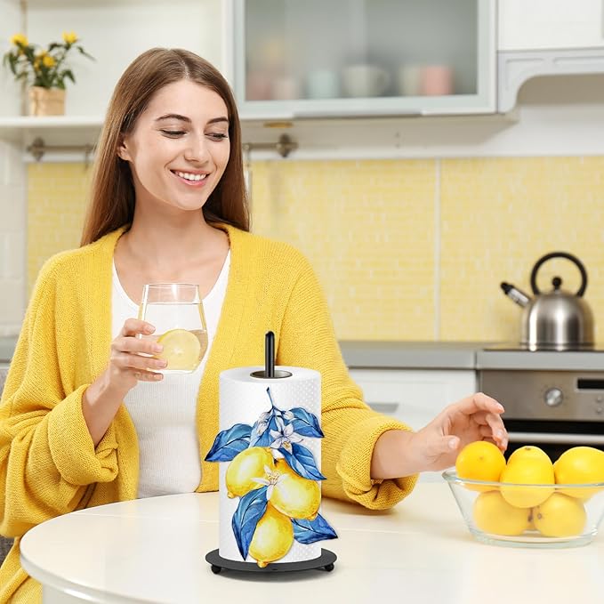 JarThenaAMCS Lemon Paper Towel Holder Yellow Lemon Blue Leaves Kitchen Decor Accessories Large Metal Towel Holder Stand for Summer Home Party Bathroom Countertop