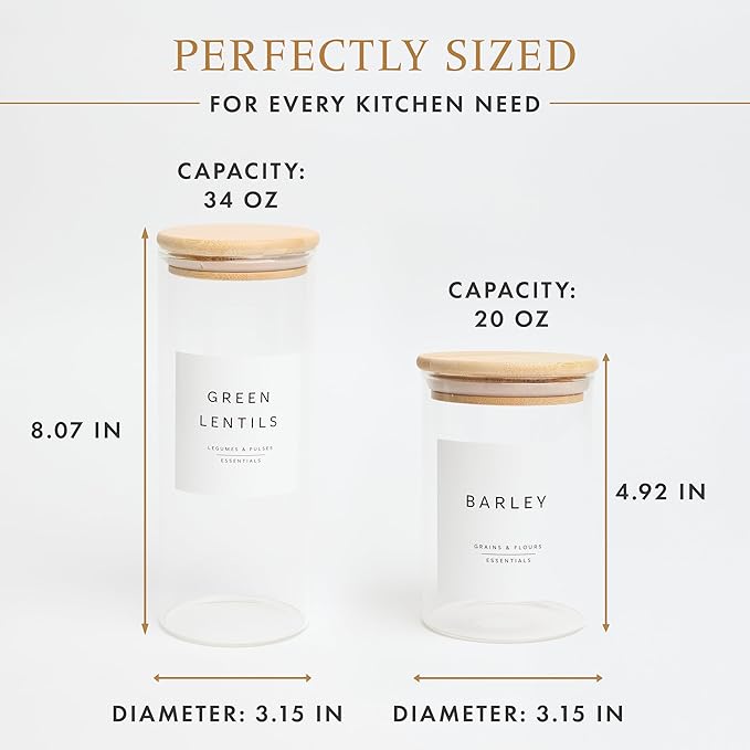 Glass Pantry Storage Containers with Lids- 420 Pantry Labels– Set of 12 (8 x 20oz& 4 x 34oz) Glass Canisters with bamboo lids-Perfect Pasta Storage Containers-AIrtight-Kitchen Canisters