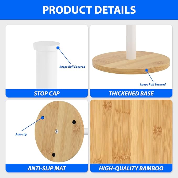 Paper Towel Holder Countertop, Weighted Wooden Base, Stainless Steel, FreeStanding, Easy Install, Durable, Ideal for Home,RV,Bathroom,Farmhouse Essentials Decor Accessories (White)