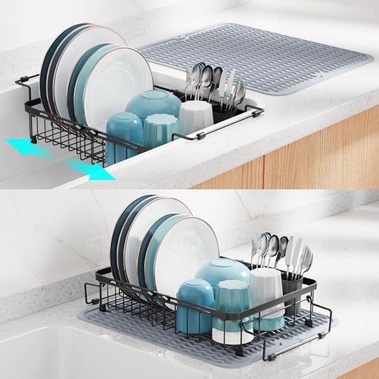 GSlife in Sink Dish Drying Rack with Silicone Drying Mat - Expandable Capacity Dish Drainer Drying Rack in Sink or Countertop, with Removable Utensil Holder, 12.2"-17.3" L x 12.6" W, Black