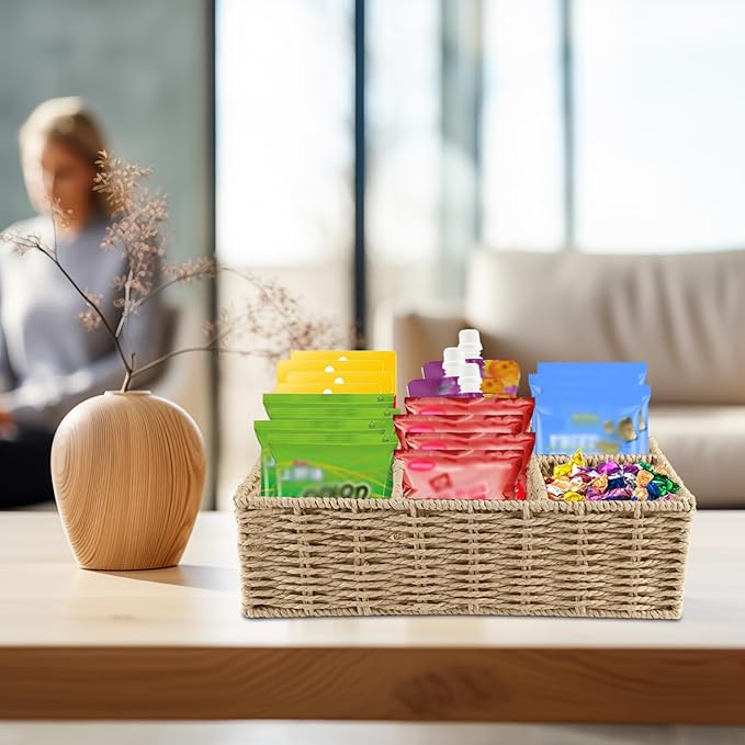 Snack Bar Station Organizer,Pantry Organizers and Storage Bins,Hand-Woven Snack Basket for Countertop with 6 Compartments,Snack Display Box for Candy,Drink Packet,Chips,Spice Organizer