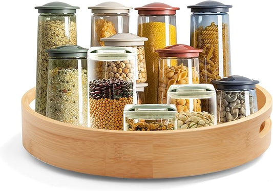 14in Bamboo Lazy Susan Pantry Organizer and Storage for Countertop and Spice Organization for Cabinet Round Rotating Serving Tray Turntable Seasoning Organizer for Kitchen Table Top