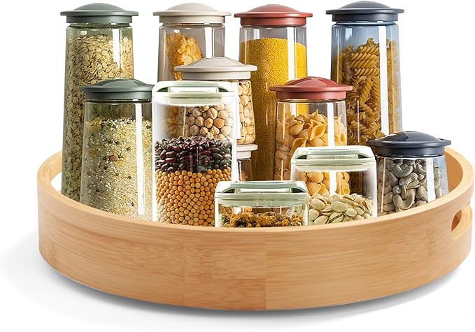 13in Bamboo Lazy Susan Pantry Turntable Organizer and Storage with Tall Side Anti Fall for Countertop and Spice Organization for Table Top Round Seasoning Condiment Tray for Kitchen (Bamboo-2, 13in)