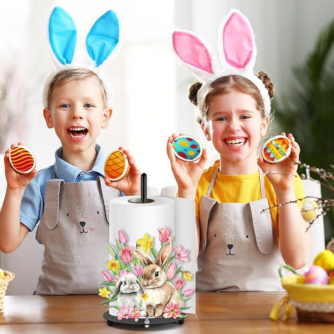 Whaline Easter Paper Towel Holder Kitchen Decor Accessories Floral Bunny Rabbit Flower Large Metal Towel Holder Stand for Spring Home Party Bathroom Countertop