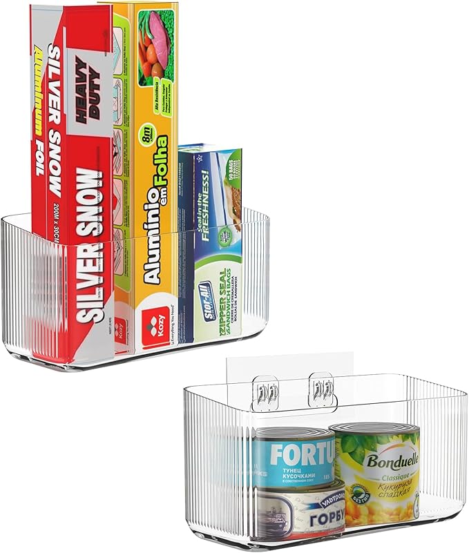 2 Pack Cabinet Door Organizers Plastic Wrap Holders for Kitchen Organizers, No drilling Wall Door Mount Kitchen Wrap Rack for Foil Wrap, Cling Wrap, and Food Bags, Clear