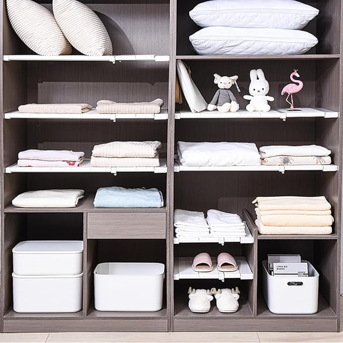Expandable Closet Shelves Organizers, Heavy Duty Adjustable Wardrobe Tension Shelf Rod DIY Cabinet Holders Storage Rack Divider Separator for Kitchen Bathroom Bedroom Garage