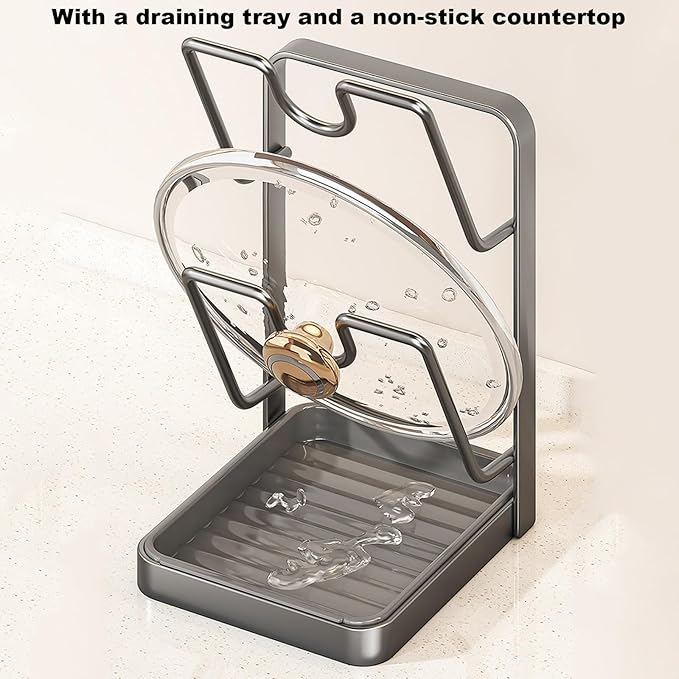 Asaint Kitchen Pot Lid Storage Rack,Countertop Pot Lid Holder With Spoon Rest,Multifunctional Pot Lid Organizer with Removable Drip Tray for Countertop Kitchen Space Tidy (Grey)
