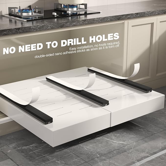 2 Pack Pull Out Cabinet Organizer 24" Deep,Full Extension 3 Slide Rails Slide Out Drawers With Raising Pad for Framed Cabinets,Expandable Width (15.4"-26.2"),No Drill Roll Out shelf,White