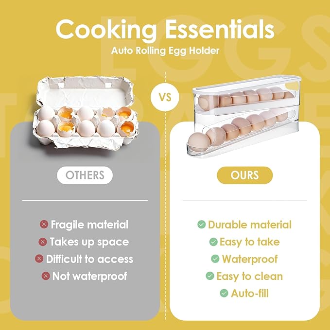 Sylphide Auto Rolling Fridge Egg Organizer, Space Saving Eggs Dispenser for Refrigerator Storager, Home Egg Holder, Includes Stainless Steel Egg Whisk