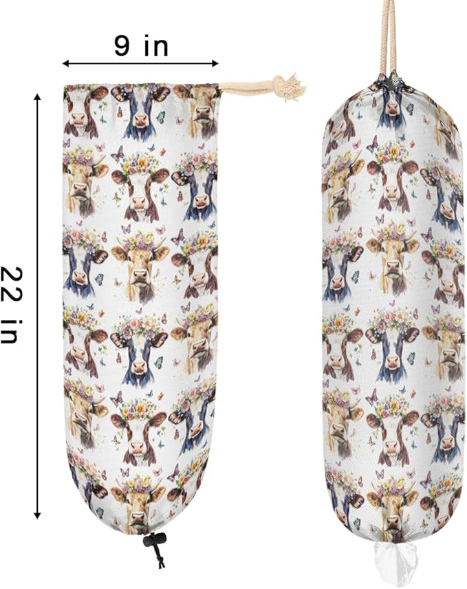 Plastic Bag Holder Butterfly Flower Highland Cow Wall Mount Grocery Bag Holder Wasgable Plastic Bag Dispenser Garbage Bag Organizer for Home Kitchen Decor, Gifts for Women Mom Family Friends