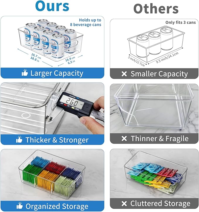 6 Pack Pantry Organizers and Storage,Clear Plastic Containers with 2 Dividers for Kitchen,Fridge Organization and Storage,Acrylic Bins for Pounches,Spice Packet,Snack organzier
