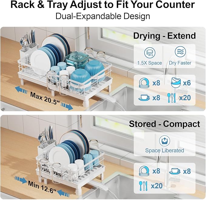 GSlife Expandable Dish Drying Rack for Kitchen Counter - Compact Rust-Resistant Dish Racks with and Cup Holder for Small Apartment, 12.2" W x 12"-20.5" L, White