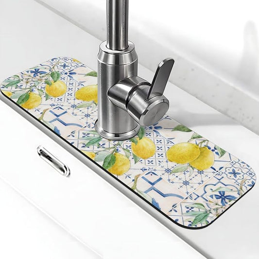 Lemon Mexican Blue Tilt Kitchen Sink Splash Guard Faucet Mat 1 Pcs, Absorbent Fast Drying Mat Gadgets Splash Guard For Bathroom 15 X 5.5 Inches