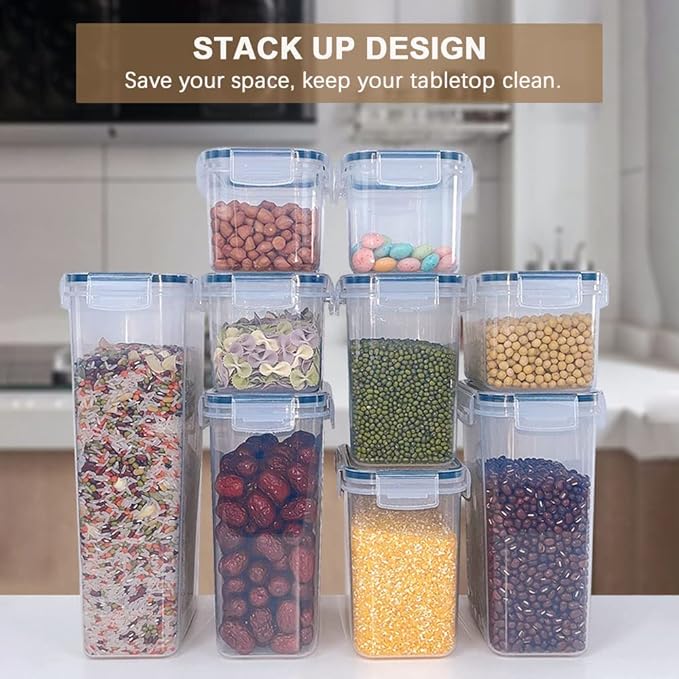 7 Pcs Airtight Food Storage Containers with Lids, Stackable Design Kitchen Canister Set for Cereal Snack Noodle Nut Pasta Flour Rice
