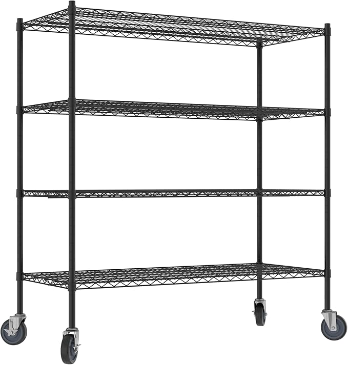 Commercial NSF Listed Black Epoxy Mobile Wire Shelving Kit 24" x 54" x 60", with 4 Shelves Perfect for Warehouse, Walk-in Refrigerator, Freezer, Grocery Store, Restaurant, Dishroom
