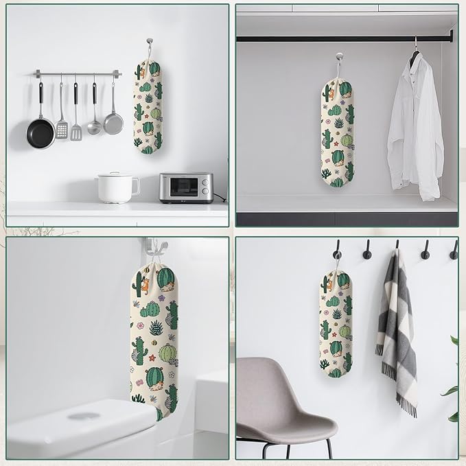 Plastic Bag Holder, Grocery Bag Organizer Storage, Kitchen Dispenser Holders Reusable Shopping with Adjustment Drawstring Closure for Kitchen Farmhouse Decor, Cactus