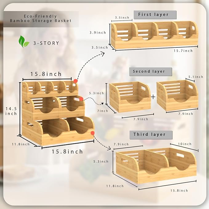 Upgraded 3 Tier Bamboo Pantry Storage Bins, Stackable Potato and Onion Storage Bin with Airflow Vent, Potato Storage, Pantry Baskets, Vegetable Storage, for Kitchen Countertop, Cabinet, Living Room