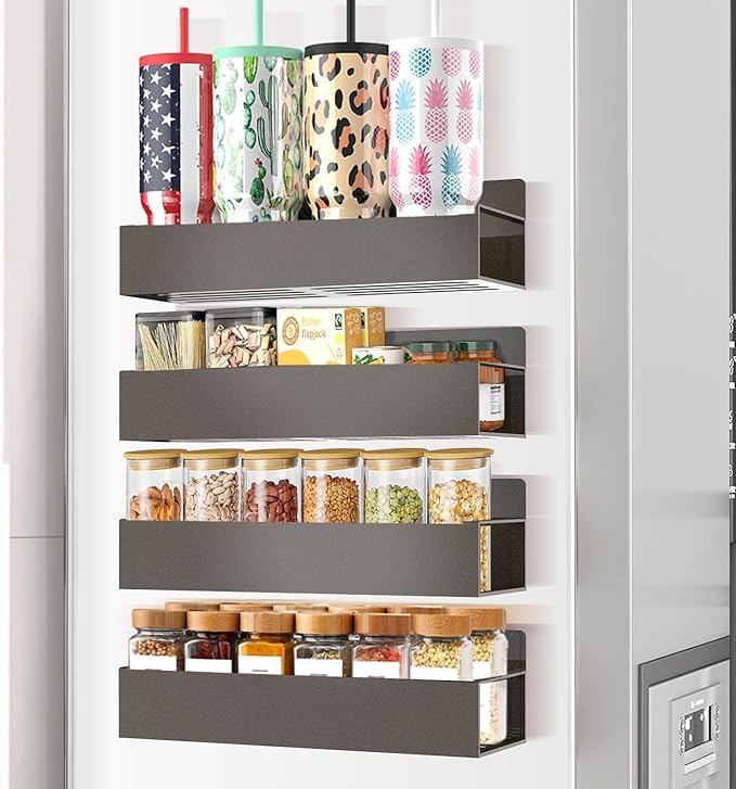 SMRCAD Magnetic Spice Rack for Refrigerator Seasoning Organizer for Spice Fridge Shelf storage Magnetic Shelf with Hook for Oven (4pack-Bronze)