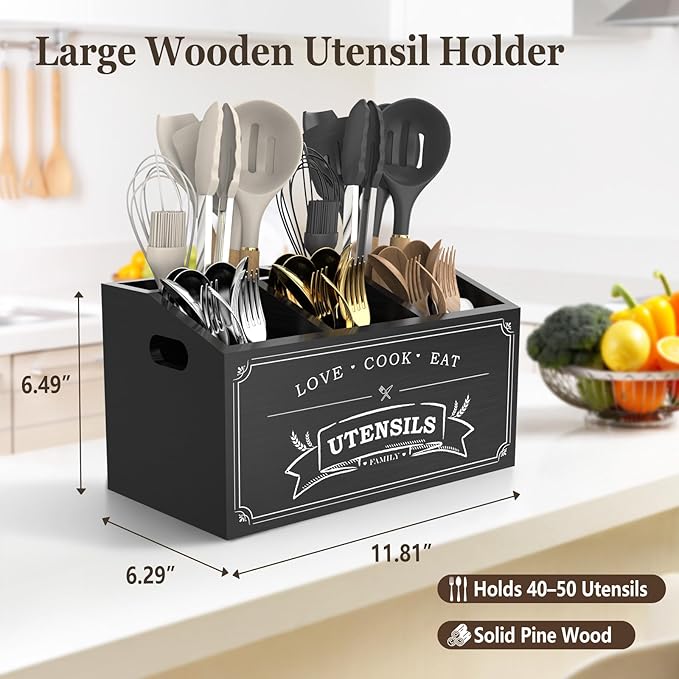 Large Kitchen Utensil Holder with 5 Compartments, Wooden Cooking Utensil Holder for Countertop or Wall Mount, Rustic Farmhouse Utensil Caddy for Silverware, Forks, Spoons, and Spatulas (Black)