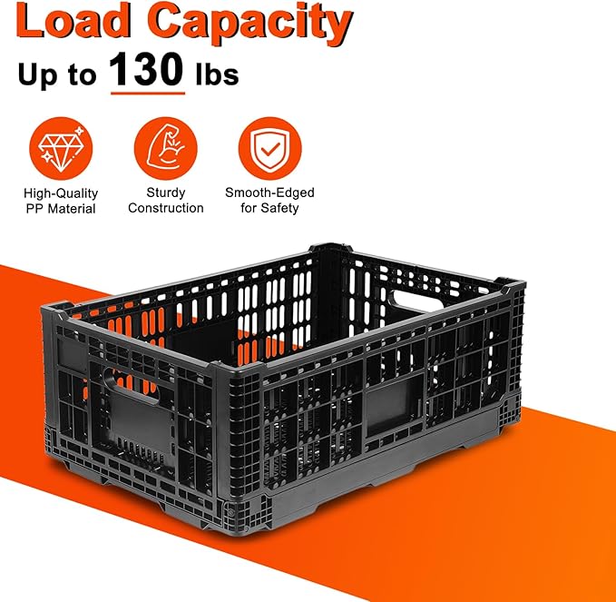Shineyaplus Collapsible Milk Crate, 1 pck 52L(13GAL) Stackable Storage Bins, Heavy Duty Storage Crates, Plastic Crates for Grocery, Warehouse Organization - Extra Large, Holds 130 lbs Per Bin