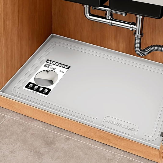 Aisslro Under Sink Mat 22" X 19", Waterproof Silicone Under Sink Mats for Kitchen, Anti-Leak Shelf Liner & Cabinet Protector with Raised Edge, [BPA Free] Bathroom Tray Home Organizer, Light Gray