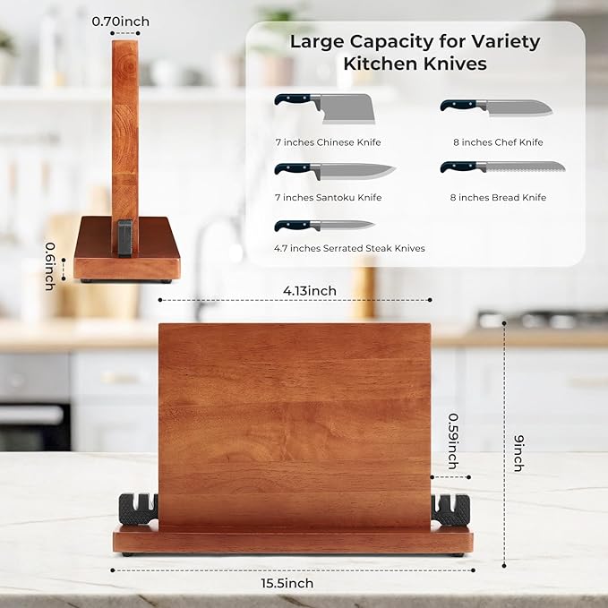 Magnetic Knife Block with Sharpener, Double-Sided Magnetic Holder & Knife Sharpening Stone,Wood Countertop Knives Block Holder,Knives Storage Organizer Rack, No Knives Included