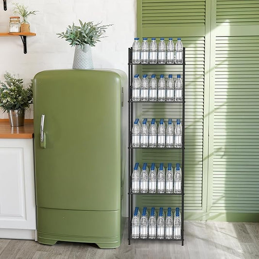 Vrisa 5 Tier Water Bottle Organizer Stand Fenced Freestanding Water Bottle Holder Metal Soft Drink Beverage Soda Can Storage Rack for Pantry, Kitchen, Home Party, Classroom