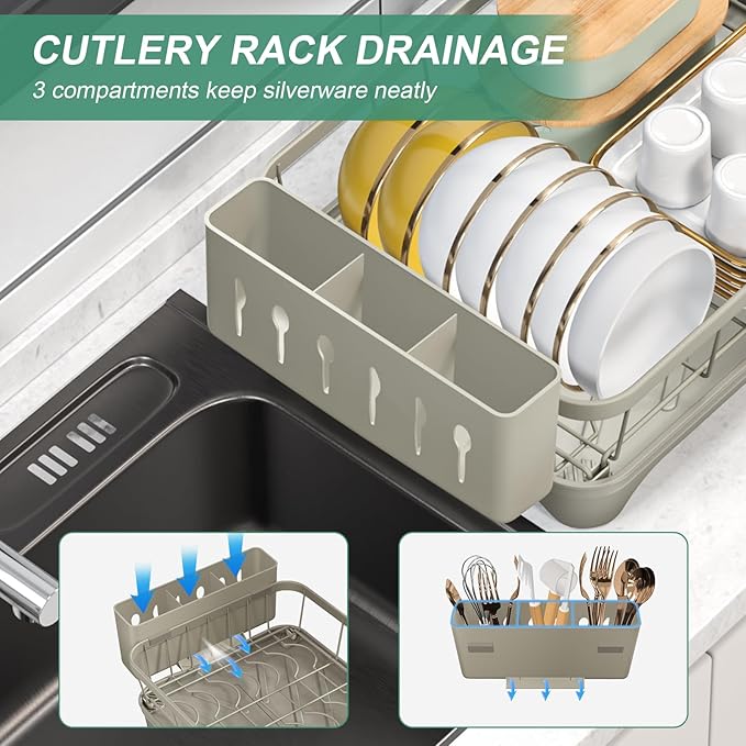 Kitchen Dish Drying Rack – Large Capacity Single Tier Dish Drainer with Drainboard & Utensil Holders, Kitchen Organizer for Dishes, Spoons and Forks, Grey